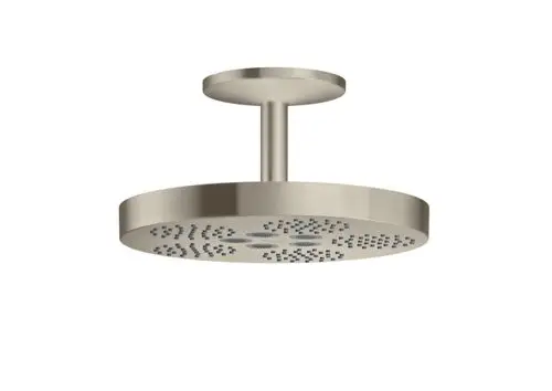 Kopfbrause mit Deckenanschluss in brushed nickel, präsentiert von AXOR. Runde Form mit gleichmäßig verteilten Düsen auf der Unterseite.